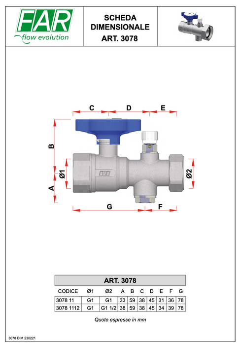 FAR Rubinetterie 3078 temperature gauge holder ball valve complete with swiveling nut
