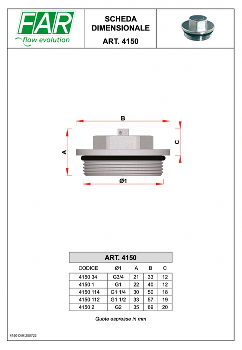 FAR Rubinetterie 4150 blanking plug with O’RING seal for manifolds.