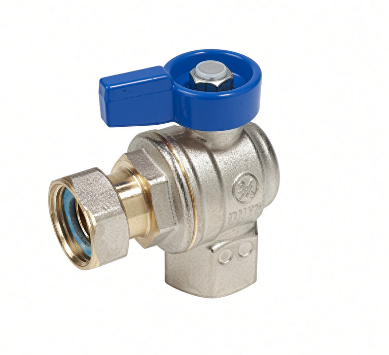 R781P Angle ball valve with female-female threaded connections with nut and gasket. Full port.