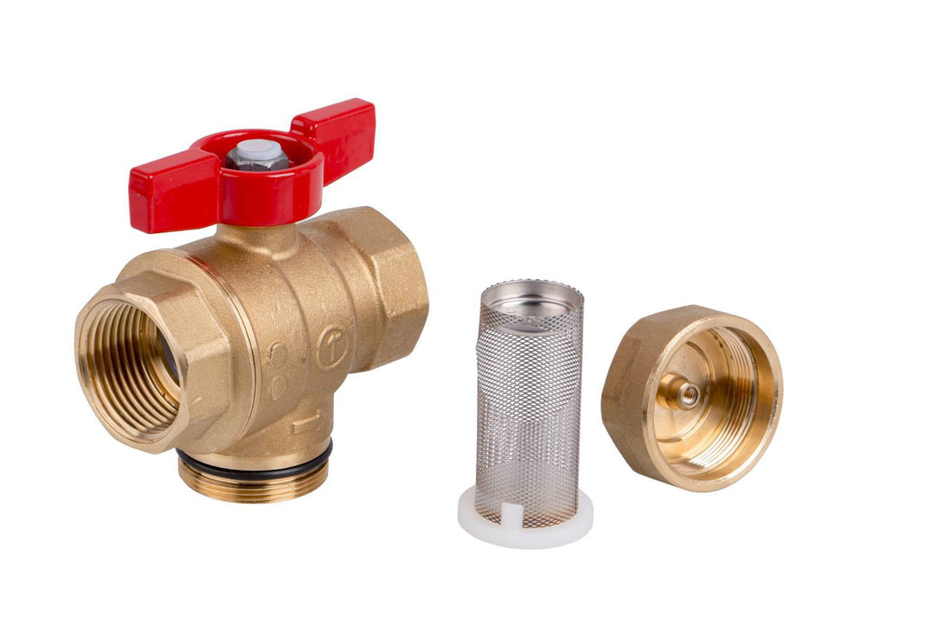 R701F Ball valve with built-in filter, female-female threaded connections for heating/cooling.